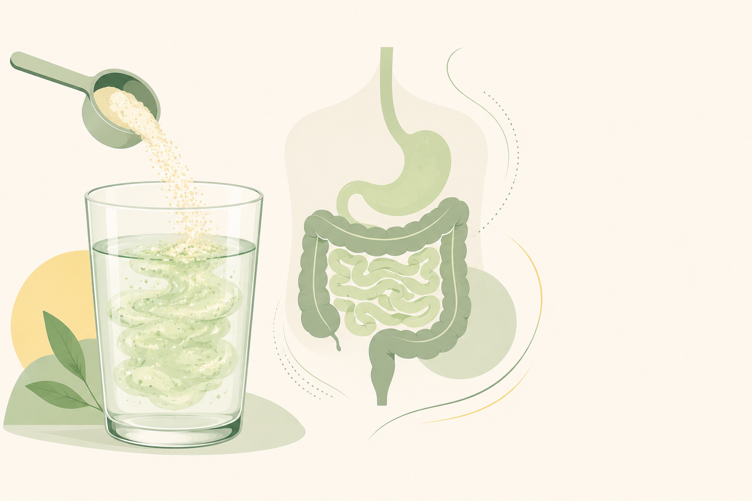 Scoop of fiber dissolving into water to form a gel, illustrating how soluble fiber softens stool and relieves constipation