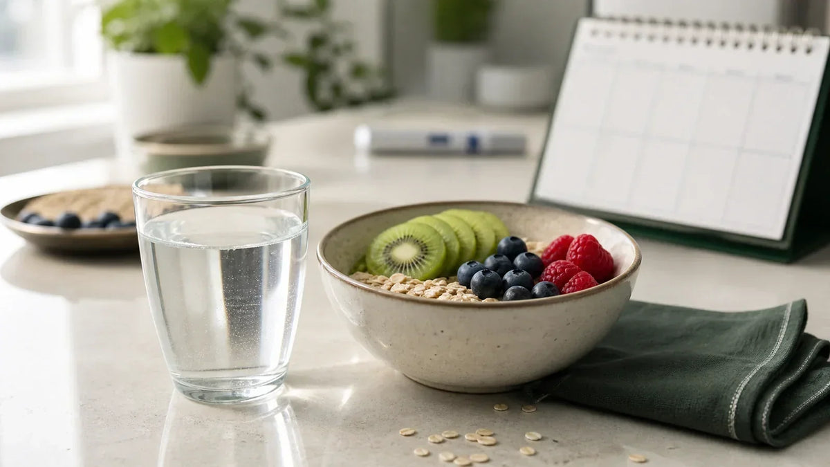 Glass of water and a bowl of oats, kiwi, blueberries, and raspberries beside a weekly planner