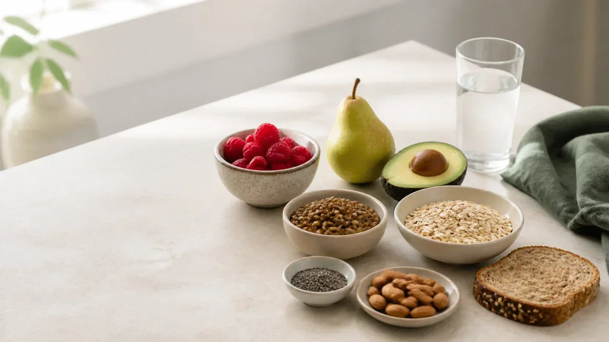 Raspberries, pear, avocado, lentils, oats, chia seeds, almonds, whole grain bread, and water on a kitchen table