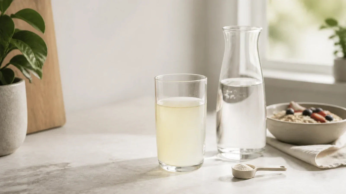 A light lemon fiber drink, water carafe, scoop, and bowl of oats and berries in a softly lit kitchen