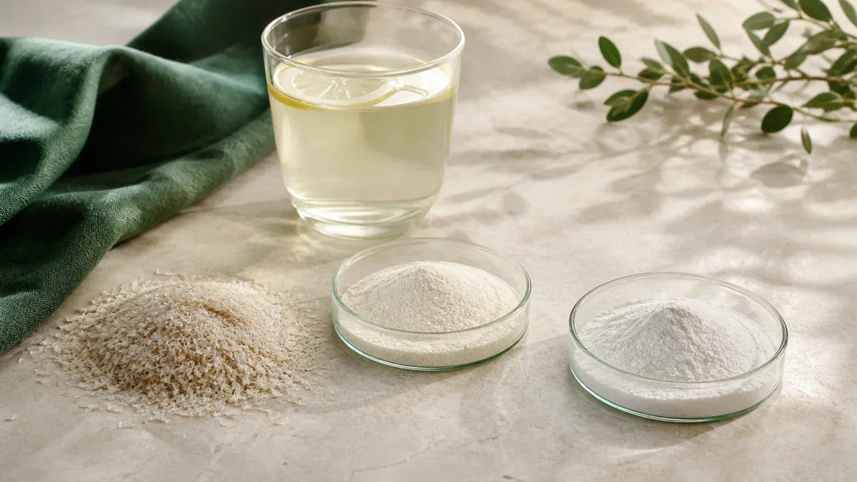 Psyllium husk and two fine soluble fiber powders beside a glass of lemon water on a cream stone surface