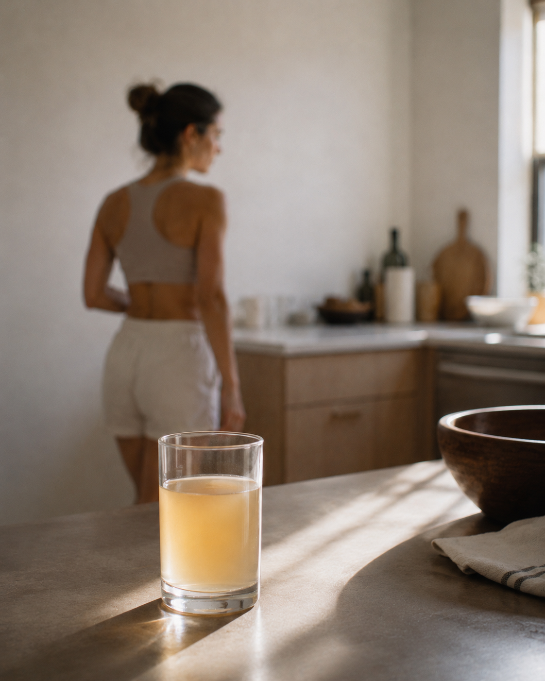 A clear glass filled with a day zero sits on a countertop in a sunlit kitchen, with a woman standing blurred in the background wearing a gray sports bra and white shorts.