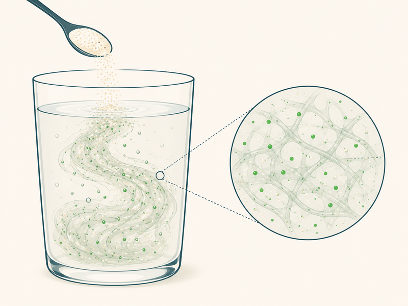 Daily Fiber dissolved in water, hydrated and forming a gel in the upper digestive tract
